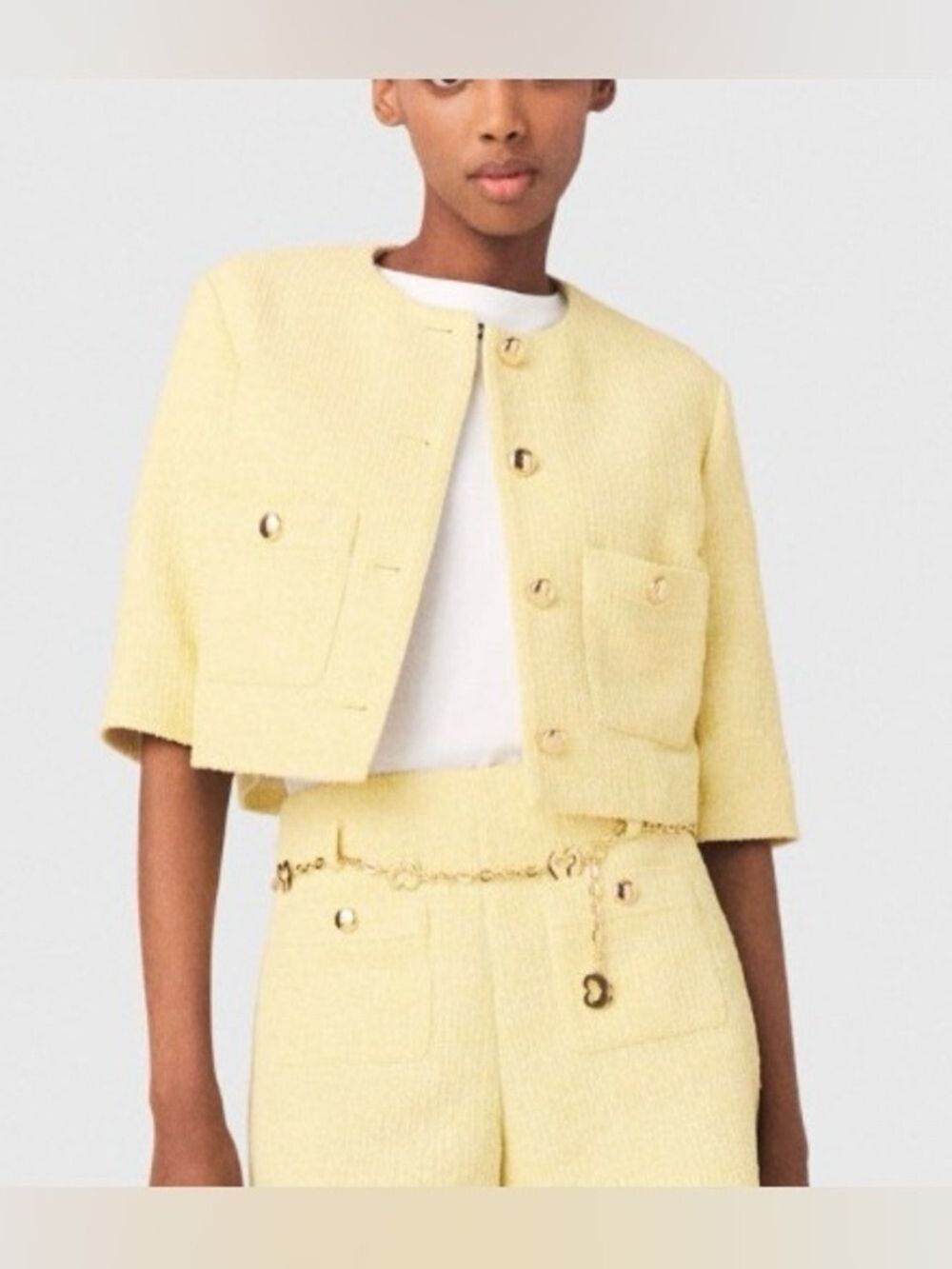 Pale Yellow Tweed Cropped Jacket